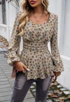 Top floral de manga larga para mujer, camiseta elegante con cuello cuadrado para ropa juvenil - details 14