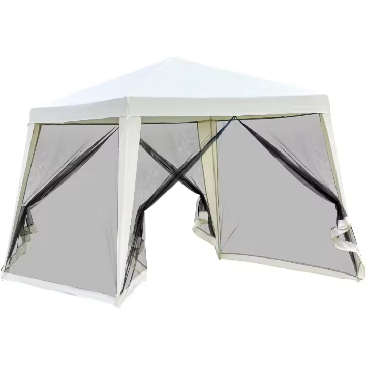 Pabellón de Jardín Carpa con Paneles Laterales y Mosquitero Exterior Gazebo de Acero Poliéster al Aire Libre Color Beige 3x3x2.35m - 1