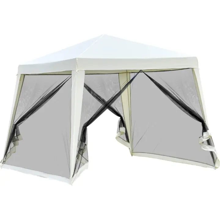 Pabellón de Jardín Carpa con Paneles Laterales y Mosquitero Exterior Gazebo de Acero Poliéster al Aire Libre Color Beige 3x3x2.35m - 1