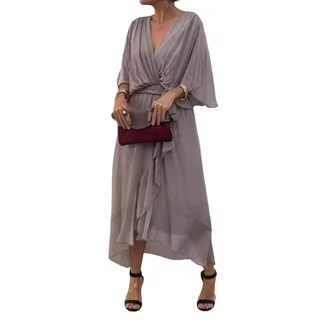 Vestido de mujer Vestido midi plisado con cuello en V elegante - 1