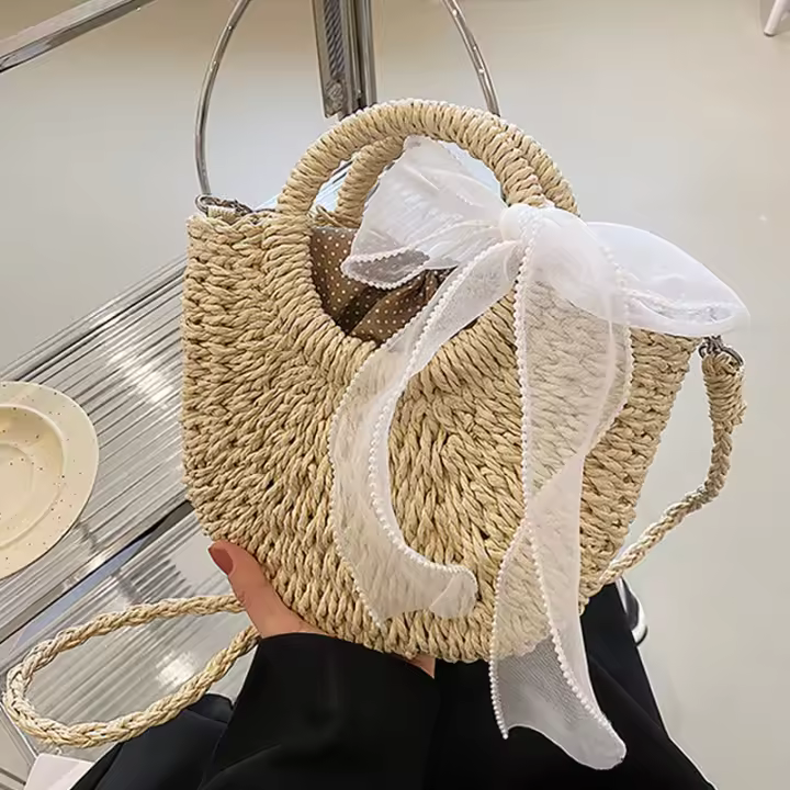 Bandolera tejida de paja para mujer, hecho a mano Bolso pequeño, bolso bohemio de playa de ratán, Verano - 1