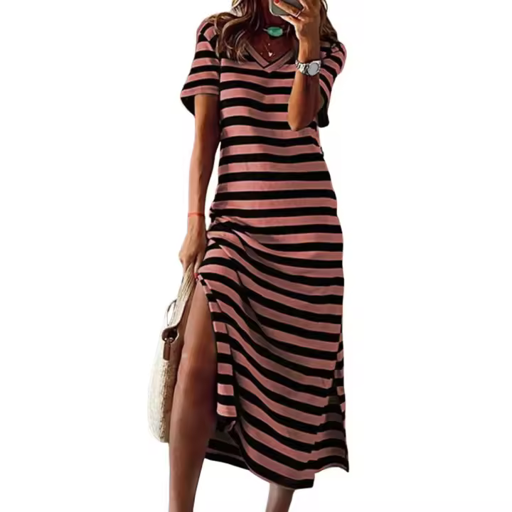 Vestidos de Verano 2023 para Mujeres de Talla Grande Vestidos Casuales a Rayas con Cuello en V - 1