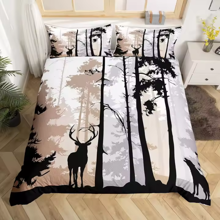 Funda de Edredón de Ciervo Rústico Juego de Ropa de Cama de Polyester con Cuernos de Alce Vintage para Niños Cubierta de Edredón de Paisaje de Árboles de Acuarela - 1