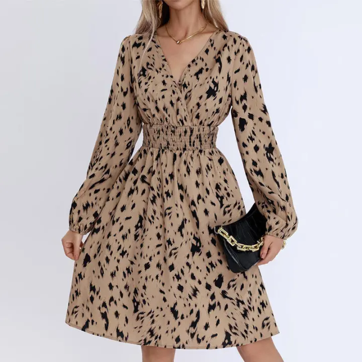 Vestido entallado con estampado de leopardo, cuello en V y manga larga, nueva moda primavera-otoño 2024 para mujer - 1