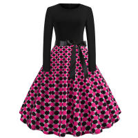 Women dot print party elegant vintage swing long sleeve dress - details 13