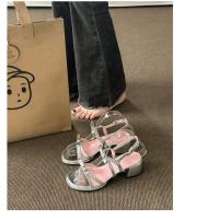 Hadas feng shui diamante zapatillas mujer verano desgaste moda alto sentido transparente palabra con tacón medio tacón grueso sandalias de cristal - details 9