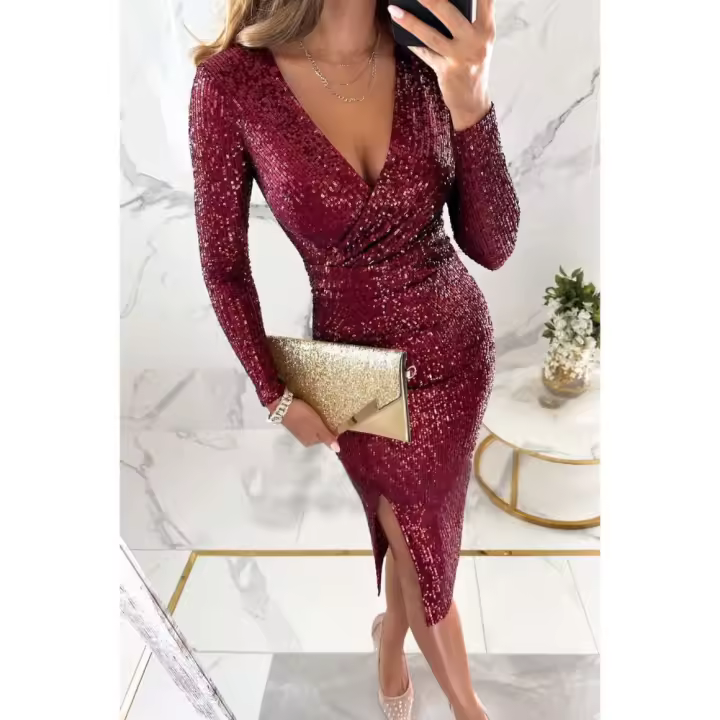 Vestido de fiesta elegante con lentejuelas brillantes con cuello en V, abertura lateral, talla única para noche, bodas, eventos especiales - 1
