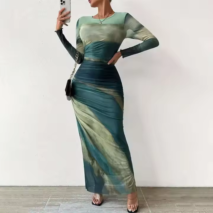 Vestido Adelgazante de Tie Dye Cuello Largo, Manga Larga, Vestido Club para Mujeres - 1
