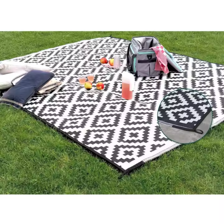 Alfombra Exterior Resistente a la Intemperie Elegante Alfombra de Balcón Impermeable y Resistente a los Rayos UV - Alfombra Negra Reversible Incluye Bolsa de Transporte - 300x200cm - 1