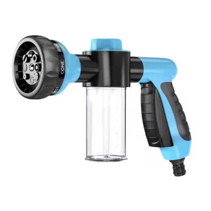 Boquilla de lavado de coche para manguera de jardín, pulverizador de espuma de alta presión con dispensador de jabón, modo de pulverización ocho en uno, azul - 1