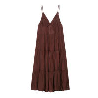 BUNO-moda de verano para mujer, nuevo vestido Midi plisado marrón con espalda descubierta y tirantes finos con cuello en V, vestidos camisola informales elegantes para mujer - details 2