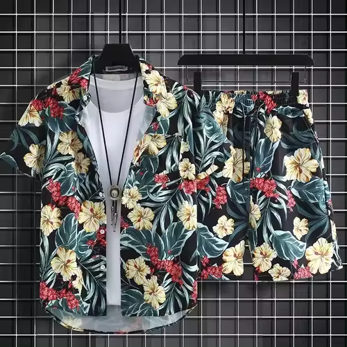 Trio de playa, diseño floral para hombre, talla grande po, mangas 3/4 y pantalón corto - 1