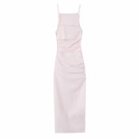 Vestido Plisado de Medio Largo OUWU Moda Rosa para Mujer con Espalda Descubierta y Cordones - details 2