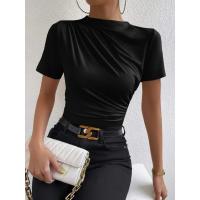 Camiseta ajustada de cuello alto para mujer, Top fruncido de manga corta elegante, ropa de primavera y verano - details 3