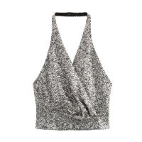 TRAFZA-Tops plateados sin mangas con cuello en V para mujer, camisetas sin mangas con decoración de lentejuelas y Espalda descubierta, Top corto de verano para mujer - details 1