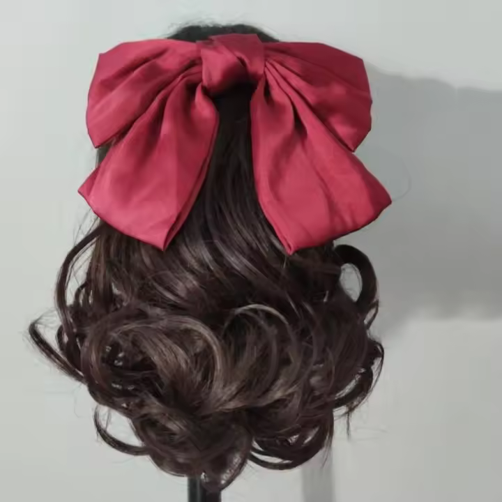 Peluca ondulada para mujer, postizos sintéticos naturales Retro para mujer, cola de caballo rizada, lazos rojos, nudo, cola de caballo, peluca con cola de caballo - 1