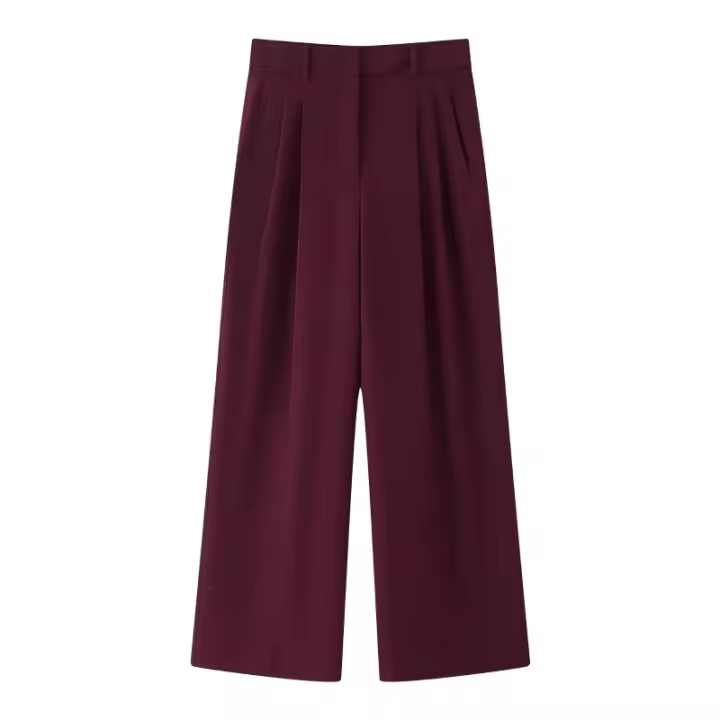 TRAFZA-Conjuntos de ropa de calle para mujer, color rojo vino, cuello redondo, bolsillos con cremallera y pantalones sueltos de cintura alta, trajes de manga larga a la moda para primavera - 1