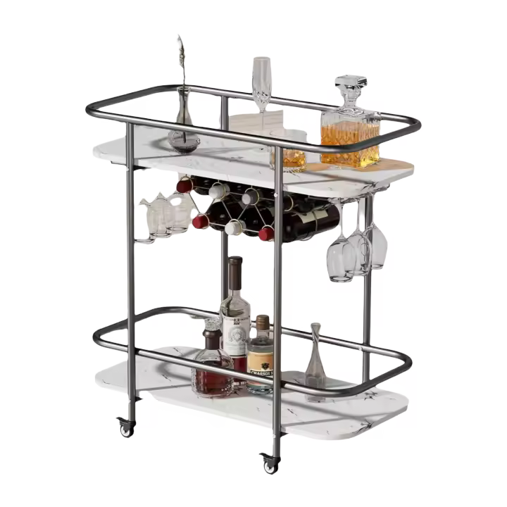 Carrito de Servicio de Barra de 2 Niveles con Ruedas Carrito de Bebidas Móvil con Estante para Vino y Soporte de Vidrio Almacenamiento de Bebidas Rodante con Placa de Patrón de Mármol - 1