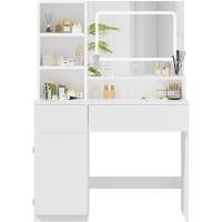 Tocador de Maquillaje Moderno con Espejo Grande y Luces LED Brillo Ajustable, 3 Estante Abiertos, 2 Cajones y Armario Lateral Ideal para Dormitorio Blanco - details 8