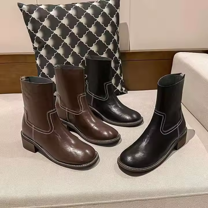 Zapatos de otoño con cremallera y tacón alto para mujer, calzado occidental de cuero genuino, color marrón, hecho a mano, de mezclilla, para niña - 1