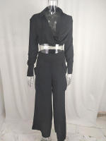Conjunto informal de 2 piezas para mujer, camisa de manga larga con cuello vuelto y pantalones de pierna ancha, elegante - details 15