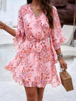 Elegante Vestido de Primavera-Verano para Mujer Manga Media, Estampado Floral, Cintura Alta, Largo hasta la Rodilla - details 4