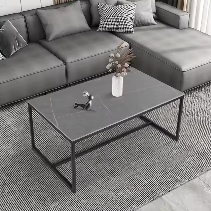 Mesa Centro con Superficie de Piedra 100x60 cm: Baja de Café Rectangular de Efecto Mármol, Mesa Auxiliar Sofá Acero Estilo Nórdico Moderno para Salón Oficina (Blanco) - 1