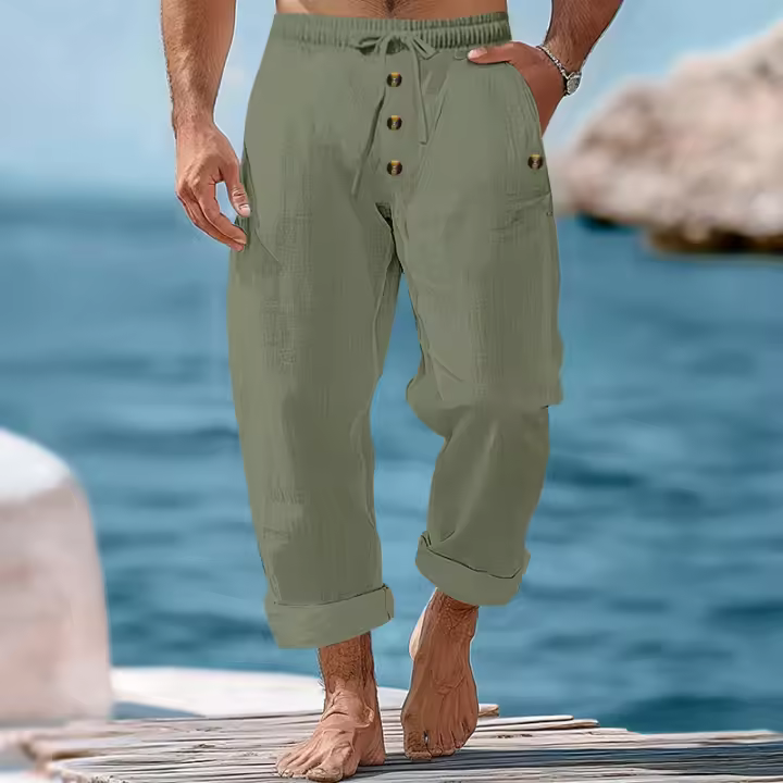 Pantalones de pierna recta con botones y cordón sueltos de lino de color sólido informales para hombre de primavera y otoño - 1