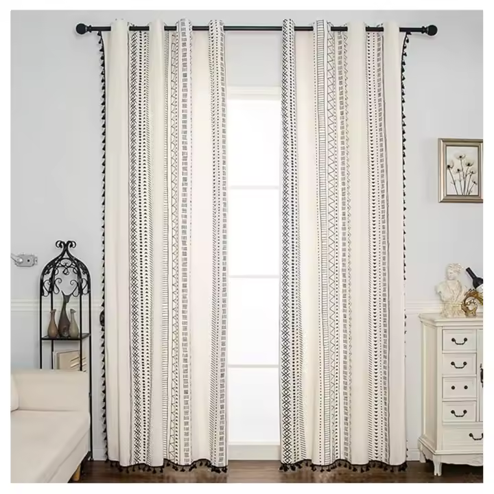 Cortina de algodón y lino, con flecos, geométrica, estilo bohemio, fácil de lavar - 1