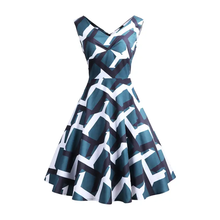 Minivestido estampado con cuello en V para mujer, falda mullida 1021 - 1