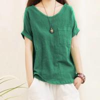 Camiseta Holgada de Lino y Algodón para Mujer Camisas de Manga Corta, Top Informal con Cuello Redondo, Verde Holgado, Top de Verano - details 0