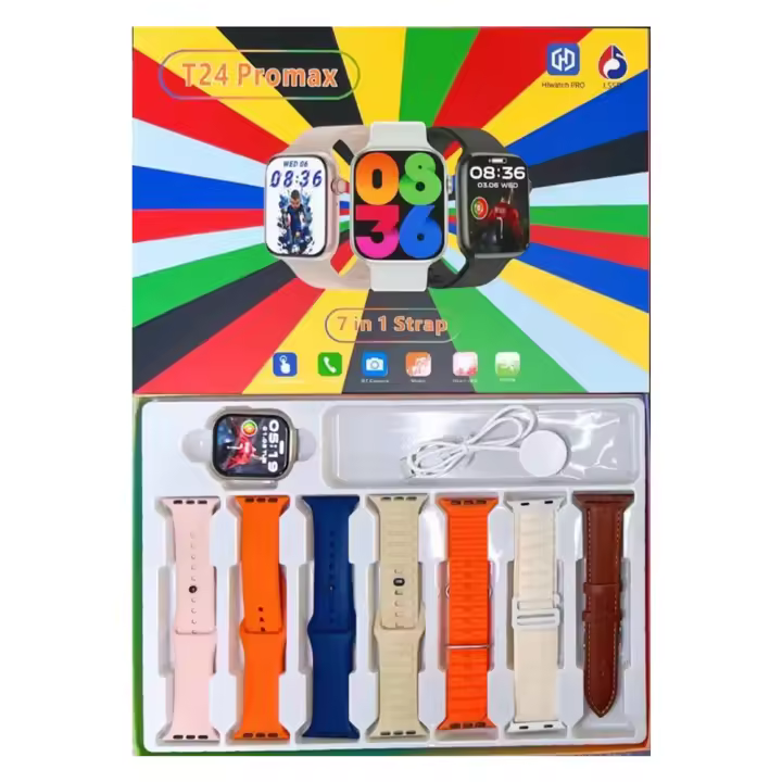Reloj inteligente T24 Pro Max con correa de 7 piezas, deportivo, detección de frecuencia cardíaca, Bluetooth, llamada, carga inalámbrica - 1