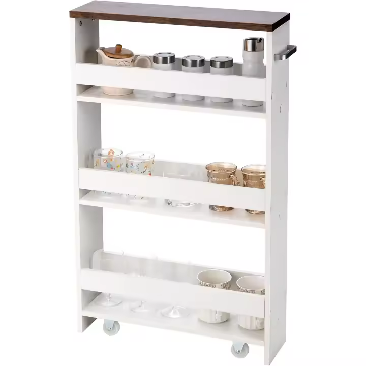 Carrito de Cocina de 4 Niveles, Carro Auxiliar Estrecho con Ruedas, Estante Nicho con Asa, Mueble de Almacenaje Ahorra Espacio para Cocina, Baño, Oficina, 47,5x13x80,5cm (Blanco y Marrón) - 1
