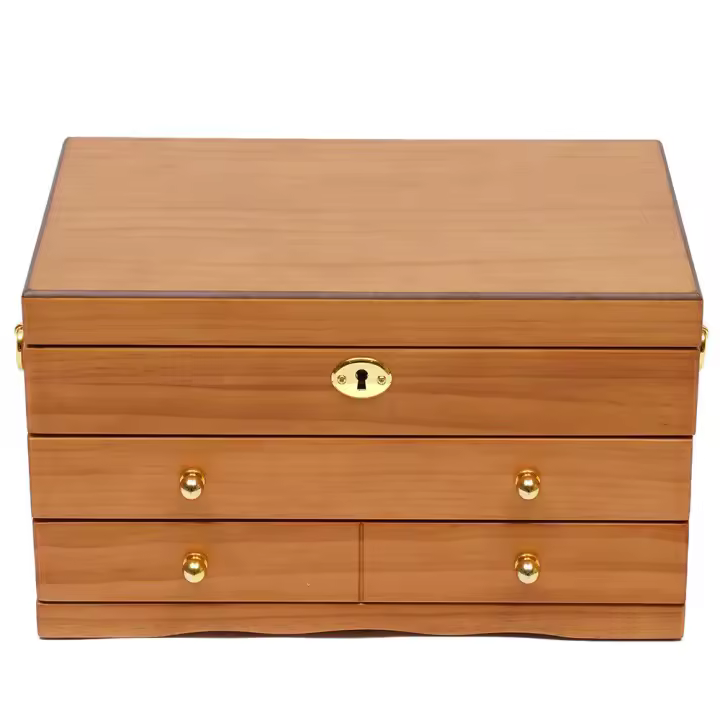 Joyero de madera de gran capacidad, organizador de almacenamiento Retro con cerradura de seguridad, 3 capas - 1