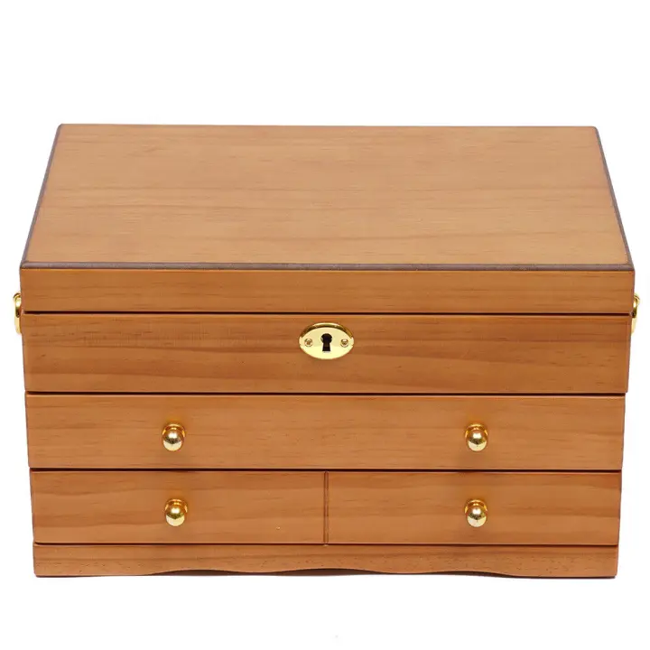 Joyero de madera de gran capacidad, organizador de almacenamiento Retro con cerradura de seguridad, 3 capas - 1