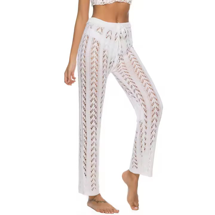 Pantalones de pierna ancha calados con cordones para mujer, pantalón de pierna ancha, color Beige, de cintura alta, transparente, para vacaciones en la playa, color blanco y negro, verano - 1