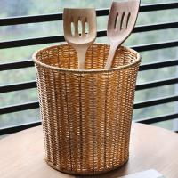 Cubo de basura de mimbre con tapa, cesta tejida redonda para residuos, cesta de almacenamiento - details 2