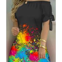 Vestido Estampado Sexy A La Moda Para Mujer, Vestido Acampanado De Manga Corta Con Hombros Descubiertos, Minivestidos Con Hombros Descubiertos Para Mujer - details 3