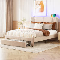 Cama de Almohada de Terciopelo 140 x 200cm, Doble con Barra Ligera y Enchufe USB, Dosel y Cajón Grande, Adecuada para Adultos y Adolescentes Sin Colchón - details 1