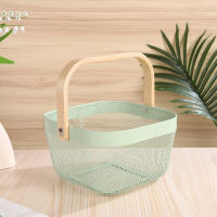 Decorative Wire Mesh Storage Basket with Wooden Handle for Kitchen, Bathroom - White, 24 x 24 x 16 cm - details 5
