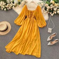 Nuevo modelo de vestido maxi elegante con cuello cuadrado para mujer, gasa lisa con mangas abullonadas, bata de fiesta en la playa, vestidos con volantes vintage - details 21