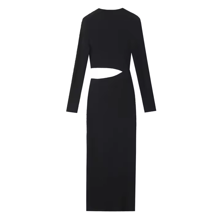 2025 Mujer primavera sólido cuello redondo manga larga elasticidad vestido ajustado Mujer textura Crop Hollow Midi vestidos Mujer. - 1