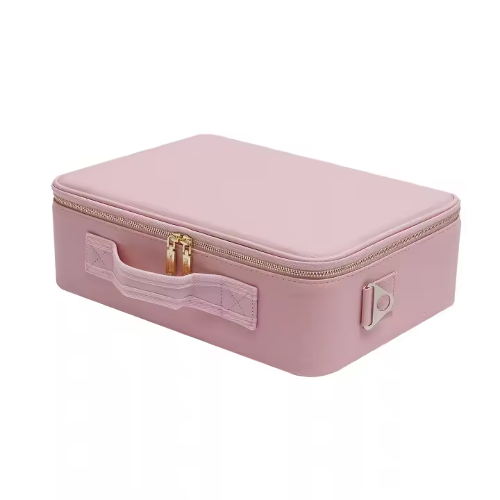 Estuche de maquillaje de viaje con luz LED + Espejo, caja de almacenamiento de cosméticos, espejo ajustable rosa - 1