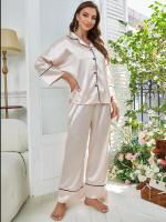 Ropa de dormir de satén de seda, pantalones con cuello ranurado, conjunto de camisón de 2 piezas, Tre y otra ropa informal para mujer - details 7