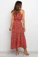 Vestido largo de mujer europea y americana 2025, nuevo vestido con cordones, estampado de lunares y cuello. - details 8