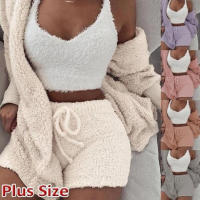 Suéter para mujer, artículos para el hogar, pijama informal de 3 piezas, chaleco de manga larga con ombligo, ribete de pantalones cortos, invierno - details 1