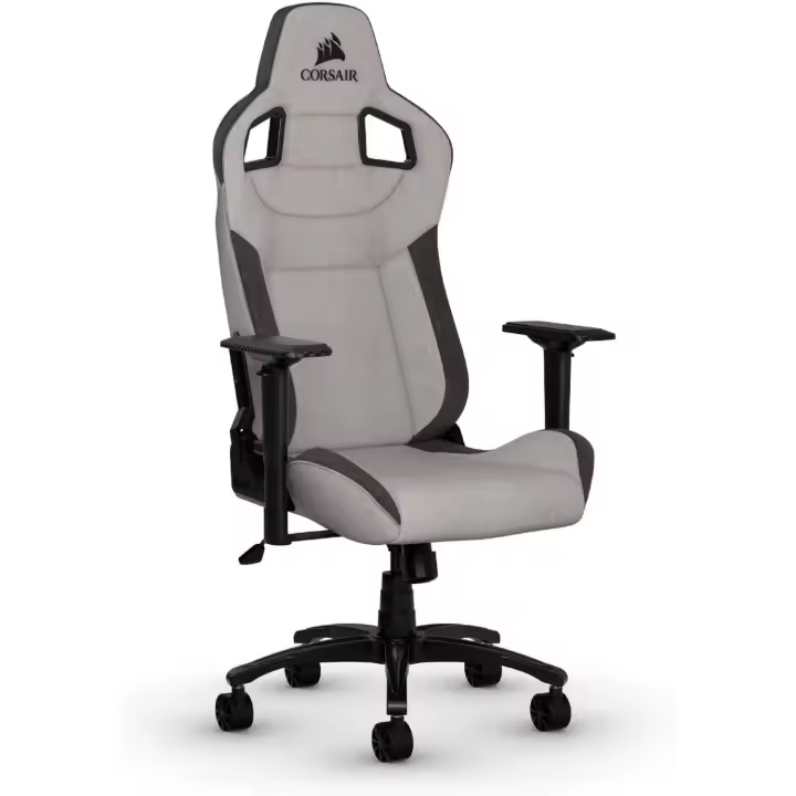Silla para juegos de tela (2023), Diseño Inspirado en Las Carreras, Exterior de Tela Suave, Almohada Cervical Acolchada y Soporte Lumbar de Espuma Viscoelástica, Gris y Blanco - 1