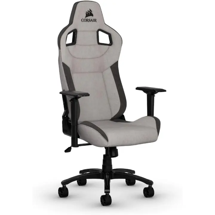 Silla de Juegos de Tela Suave (2023) Diseño Inspirado en Carreras Almohada Cervical Acolchada y Soporte Lumbar de Espuma Viscoelástica Gris y Blanco - 1