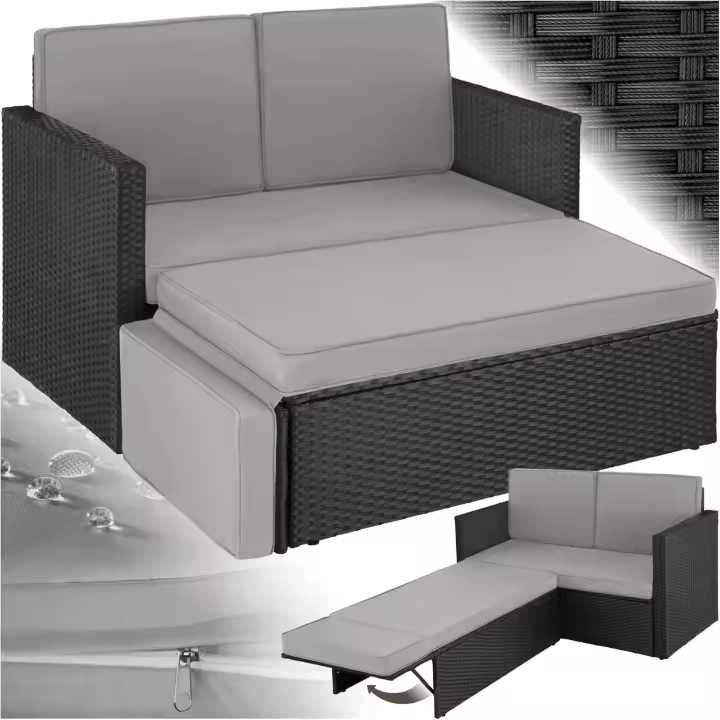 Sofá de Ratán con Taburete Reposapiés, Conjunto Jardín Sillón 2 Plazas, Mueble Jardín Exterior con Cojines Gruesos, Conjunto Terraza Resistente a la Intemperie y Estructura en Acero - Gris - 1