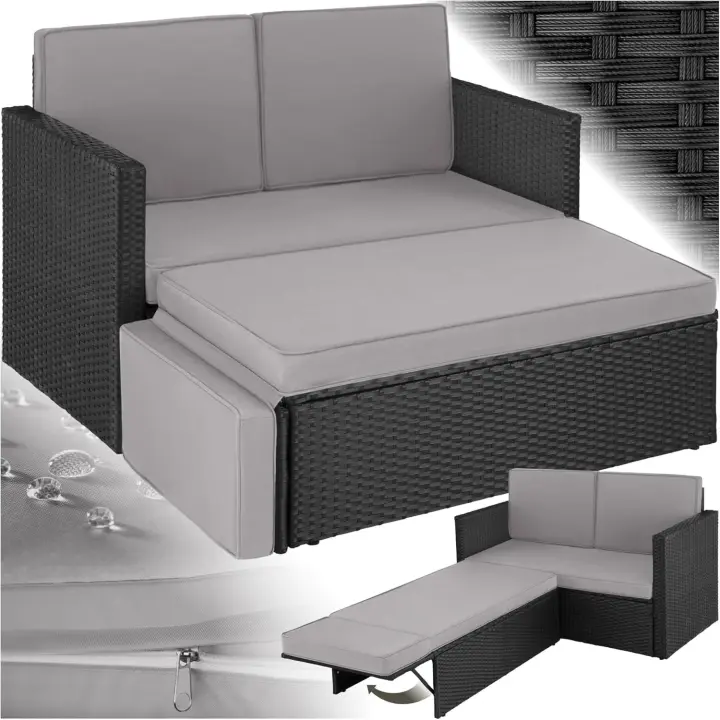 Sofá de Ratán con Taburete Reposapiés, Conjunto Jardín Sillón 2 Plazas, Mueble Jardín Exterior con Cojines Gruesos, Conjunto Terraza Resistente a la Intemperie y Estructura en Acero - Gris - 1